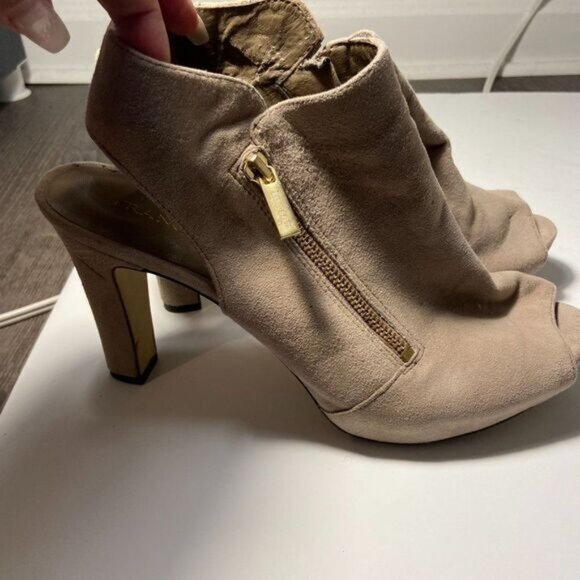 Franco Sarto Suede‎ Tan Leather Peep Toe Chunky Heel Shoe Sandals - Picture 5 of 11